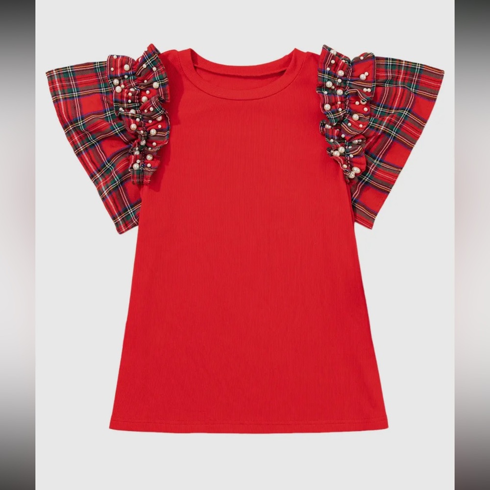 Stylish Red Plaid Ruffle Sleeve Women's Blouse